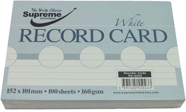 RECORD CARDS 6X4 RULED WHITE SUPREME