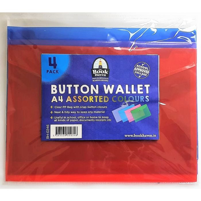 Button Wallet A4 Assorted Colours BH-0346 4 Pack