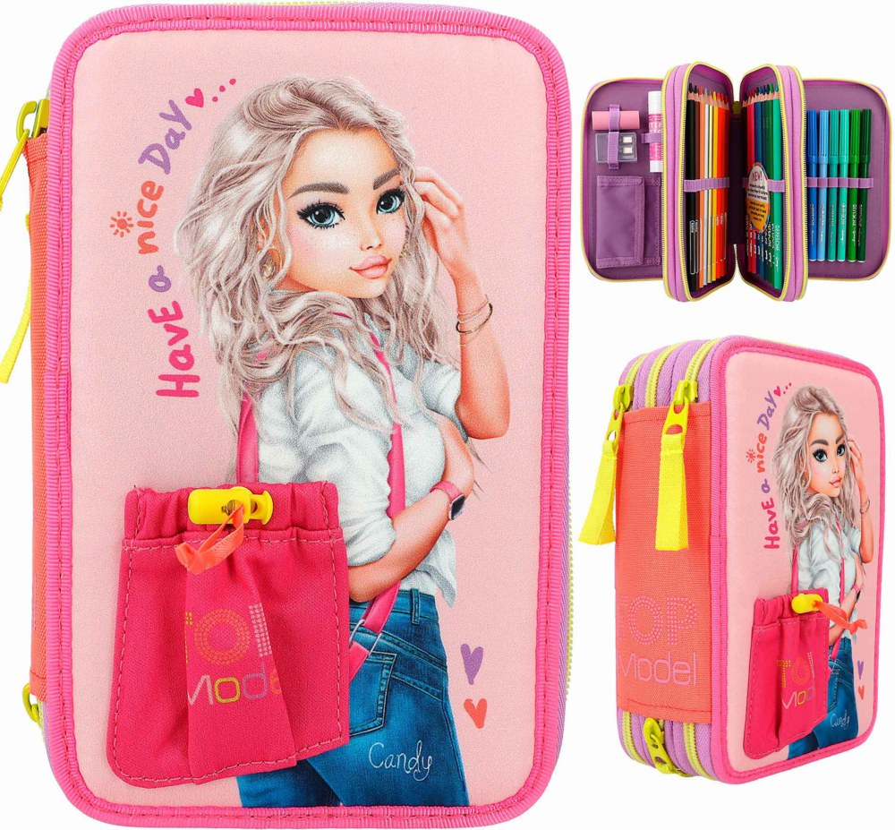 TOPModel Triple Pencil Case With Appliqued Front Pocket