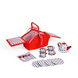 [0691621246306] Tin Tea Set and Basket Spotted Bigjigs